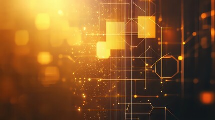 Poster - Abstract golden network with geometric shapes and glowing particles on a dark background design. abstract orange background