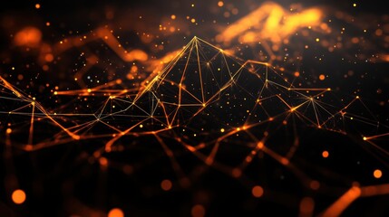 Poster - Abstract glowing network of orange lines and dots forming a mountain shape on a dark background. abstract background with glowing lights