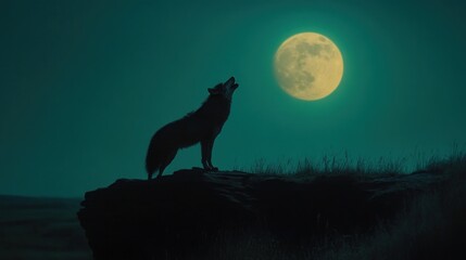  Silhouetted wolf howling at the moon at night