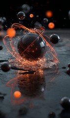 Poster - Dynamic spherical composition with glowing elements in a dark setting