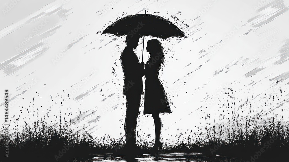 Romantic Couple Under an Umbrella in the Rain: A Black and White ...