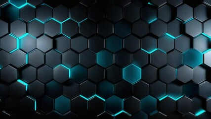 Fototapete - Visual backdrop featuring a black hexagonal pattern illuminated with glowing blue accents