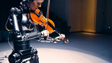 Poster - In a modern theater space, a humanoid robot skillfully plays the violin, showcasing advanced robotics and musical talent.