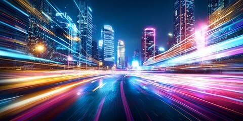 Aufkleber - Abstract futuristic cityscape with vibrant neon lights and glowing skyscrapers creating a high-tech digital environment in a visual representation of urban life
