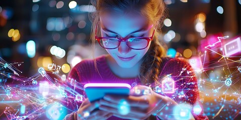 Aufkleber - Young Woman Engaged with Smartphone Surrounded by Colorful Digital Icons and Symbols Representing Technology and Connectivity in a Vibrant Atmosphere