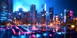 © kwanchaift - Futuristic city skyline at night with glowing buildings, digital data streams, and technological elements representing innovation and modernity