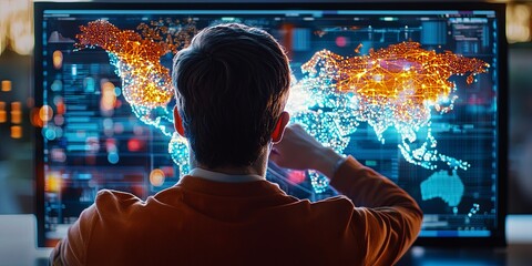 Poster - Focused Businessman Analyzing Global Digital Data with Map Visualization in Background in a Futuristic Office Environment