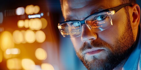 Fototapete - A focused man observing glowing data on glasses while analyzing information in a dark room, showcasing dedication to technology and cybersecurity analysis