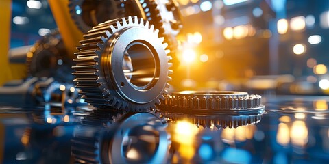 Poster - Industrial Gear and Machinery in Modern Factory with Soft Lighting and Reflection on Wet Surface Creating Atmospheric Environment