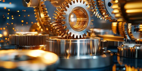 Poster - Precision Engineering Equipment with Metal Gears and Components Showcasing Advanced Manufacturing Technology in Industrial Workshop Environment