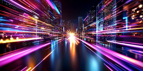 Aufkleber - Futuristic cityscape with glowing neon lights, abstract architecture, illuminated streets, and vibrant color patterns in a digital environment at night
