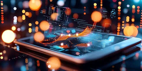 Fototapete - High-Tech User Interface with Futuristic Data Visualization on Digital Tablet Displaying Interactive Graphics and Information Analytics in Dark Environment