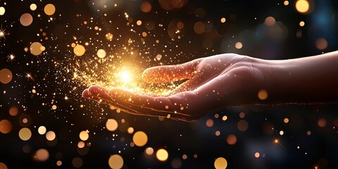 Leinwandbilder - Enchanting hand cupping whimsical stars with shimmering particles in a mystical dark background, evoking dreams and wonder, perfect for creative projects