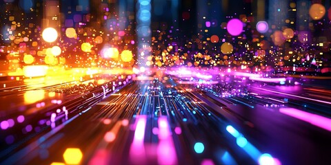 Poster - Vibrant Abstract Digital Cityscape with Colorful Light Beams, Bright Blocks, and Glowing Elements Creating a Futuristic Urban Scene