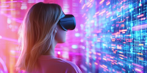 Poster - Young woman experiencing virtual reality technology with colorful digital effects in the background, showcasing the future of immersive entertainment and innovation.