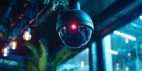 Poster - Black Dome Security Camera Mounted on Dark Ceiling in Modern Interior Surveillance System for Safety Monitoring