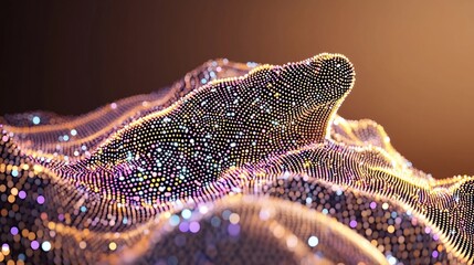 Poster - Abstract, glowing particles form a wave-like structure against a dark background