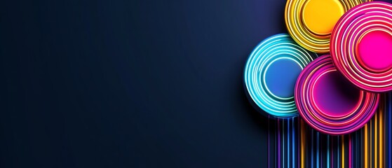 Poster - Abstract graphic design with colorful circles and vertical lines on dark background