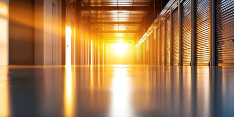 Poster - Serene Warehouse Corridor Illuminated by Golden Light during Sunset, Showcasing Storage Cabinets and Reflections on Smooth Floor