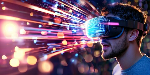 Fototapete - Man Wearing Virtual Reality Headset in a Colorful and Dynamic Digital Environment with Abstract Light Trails and Motion Blur Effects