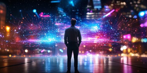 Aufkleber - Businessman Staring at Cosmic Digital Universe with Glowing Stars and Network Connections in a Futuristic Space Background