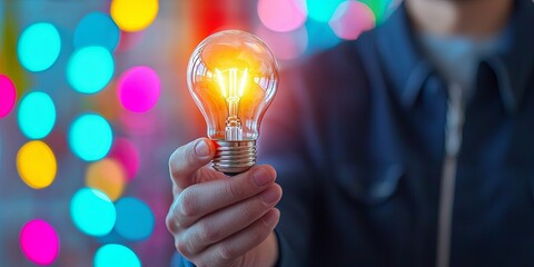 Leinwandbilder - Young man holding glowing light bulb with colorful abstract background symbolizing creativity, ideas, innovation, and imagination in modern art style