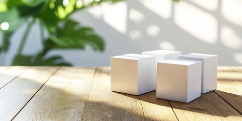 Poster - Soft Golden Light Illuminates Minimalist White Cubes on a Wooden Surface in a Bright and Airy Interior Setting