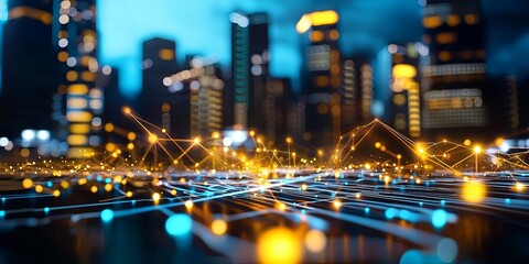 Poster - A Futuristic Cityscape at Night with Glowing Data Points and Digital Connection Lines Representing Advanced Technology and Smart Networking