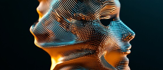 Poster - Abstract metallic face formed by linear patterns, in golden and teal hues
