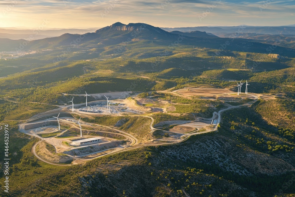 Aerial view of a wind farm nestled in a mountainous landscape ...