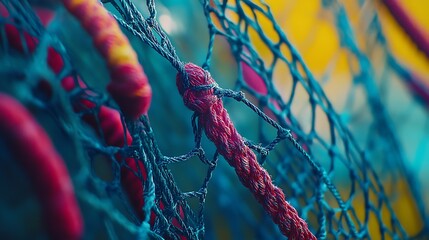 Close-up view of colorful fishing net knots.