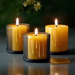 Poster - Three beautifully designed candles in an elegant candle holder creating a warm atmosphere