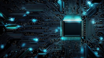 Poster - Advanced circuit board featuring bright blue light illuminating components and modern technology