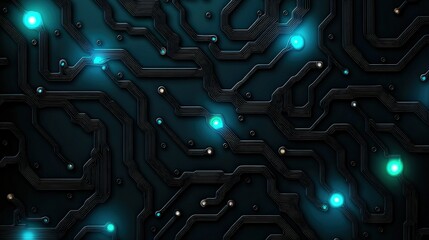 Poster - Detailed close-up of a circuit board with glowing blue lights and intricate pathways and components