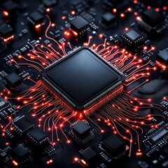 Poster - A high-tech cpu chip emitting a striking red light from its core surrounded by electrical components