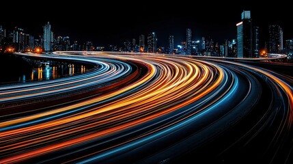 Poster - Bustling city at night captured with light trails creating a dynamic and lively urban scene