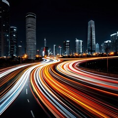 Poster - Vibrant cityscape at night captured with stunning light trails creating a lively urban scene