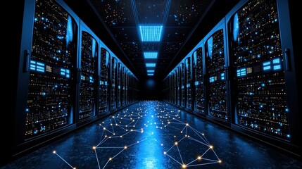 Poster - Expansive server room featuring numerous servers organized in racks for optimal data management