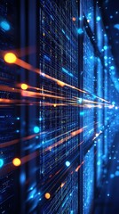 Poster - Illuminated server in a high-tech server room featuring glowing lights and modern computing technology