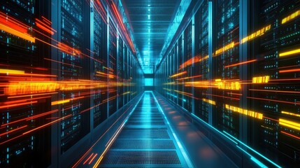 Poster - Spacious server room filled with numerous servers showcasing advanced technology and network solutions