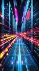 Poster - Eye-catching server room with colorful lights creating a high-tech environment for digital operations
