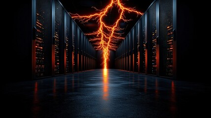 Poster - Lightning bolt illuminating a high-tech server room with advanced technology and equipment