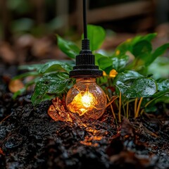 Poster - A unique light bulb half buried in the ground illuminating nature with a soft and warm glow