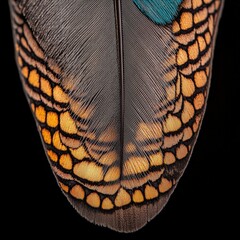 Poster - A single elegant feather resting gracefully on a dark black background highlighting its features