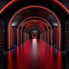 Poster - Long hallway bathed in red lights creating a mysterious and eerie atmosphere in a building