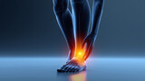 Human Foot with Ankle Pain, ankle sprain, Achilles tendinitis, plantar fasciitis, stress fracture, ankle arthritis, gout, tarsal tunnel syndrome, peroneal tendonitis, posterior tibial tendon