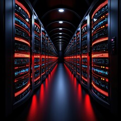 Poster - A long and organized row of servers in a high-tech environment for data processing and storage