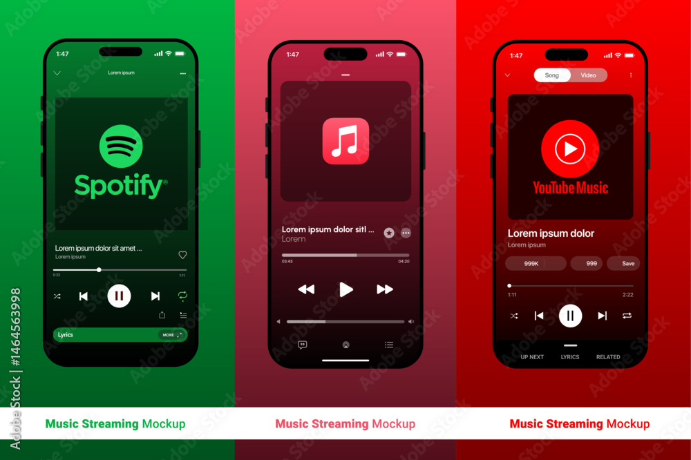Spotify, YouTube Music, Apple music streaming mockup with playlist ...