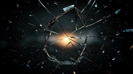 Poster - Close-up view of shattered glass pieces scattered across a surface with reflections of light