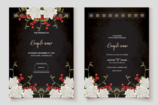 WEDDING INVITATION FRAME WITH FLOWER DECORATIONS AND FRESH LEAVES
